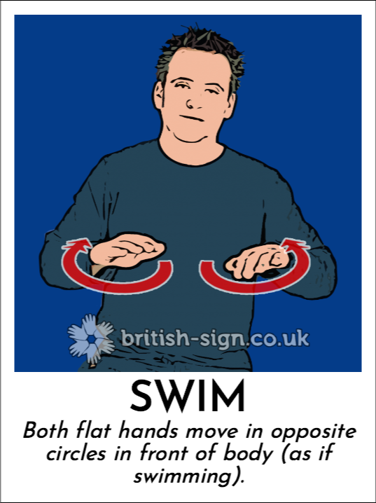 Swim: Both flat hands move in opposite circles in front of body (as if swimming).